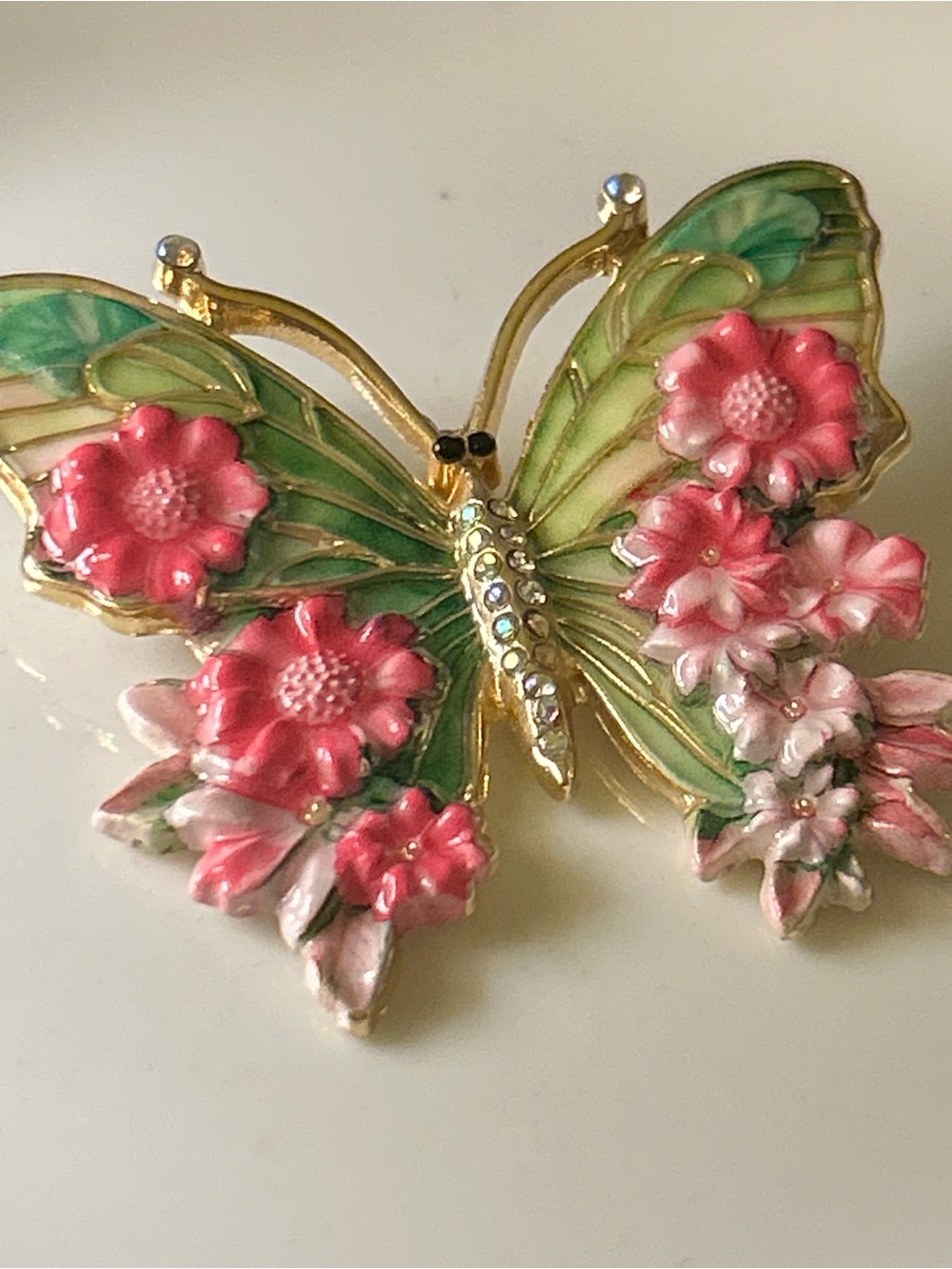 Floral Butterfly Enamel Brooch in Pink & Green AB crystals